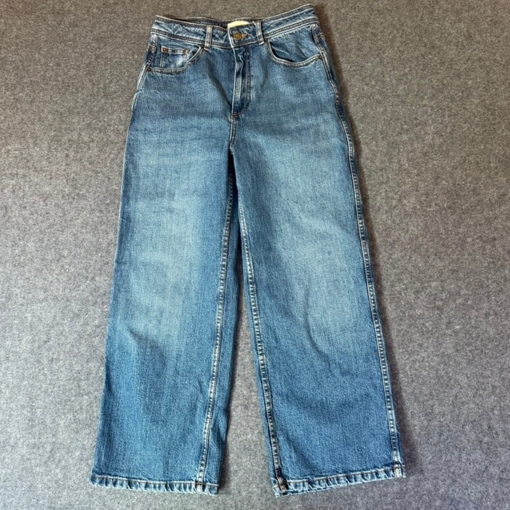 Sezane Wide Leg High Rise Blue Denim Crop Jeans Size 38 US 26 Boho Medium Wash